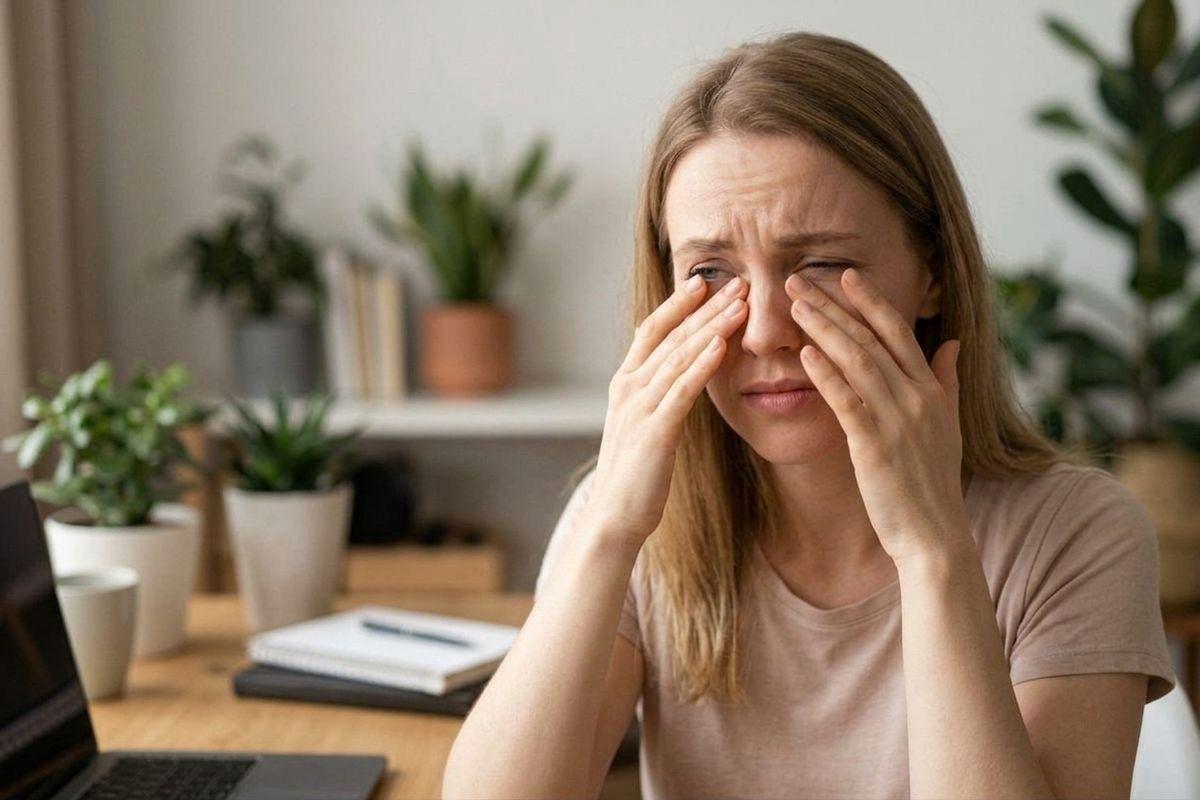 Adult sitting at a desk rubbing both eyes with fingertips, expression strained, with a laptop and potted plants in the background.