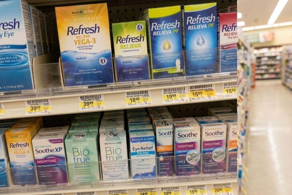 Pharmacy store shelf displaying multiple eye drop products including Refresh and Soothe brands, with yellow price tags visible.