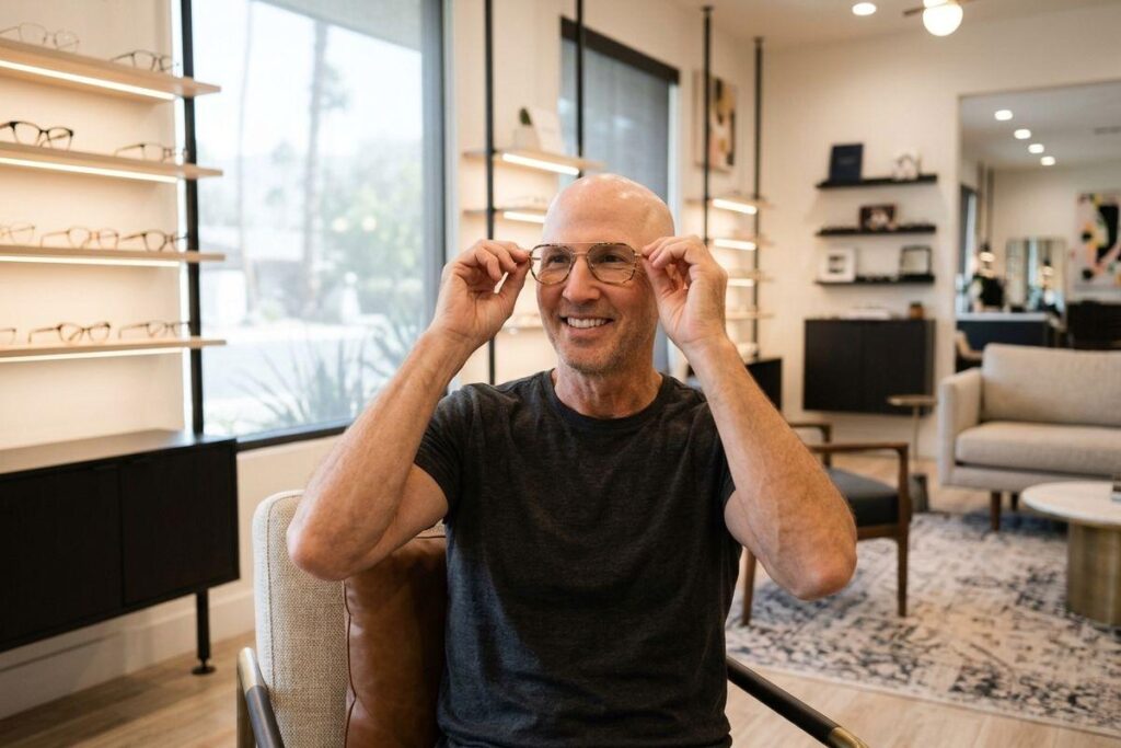 Smiling adult trying on aviator-style eyeglasses while seated in an eyewear store with frames displayed on shelves behind them.