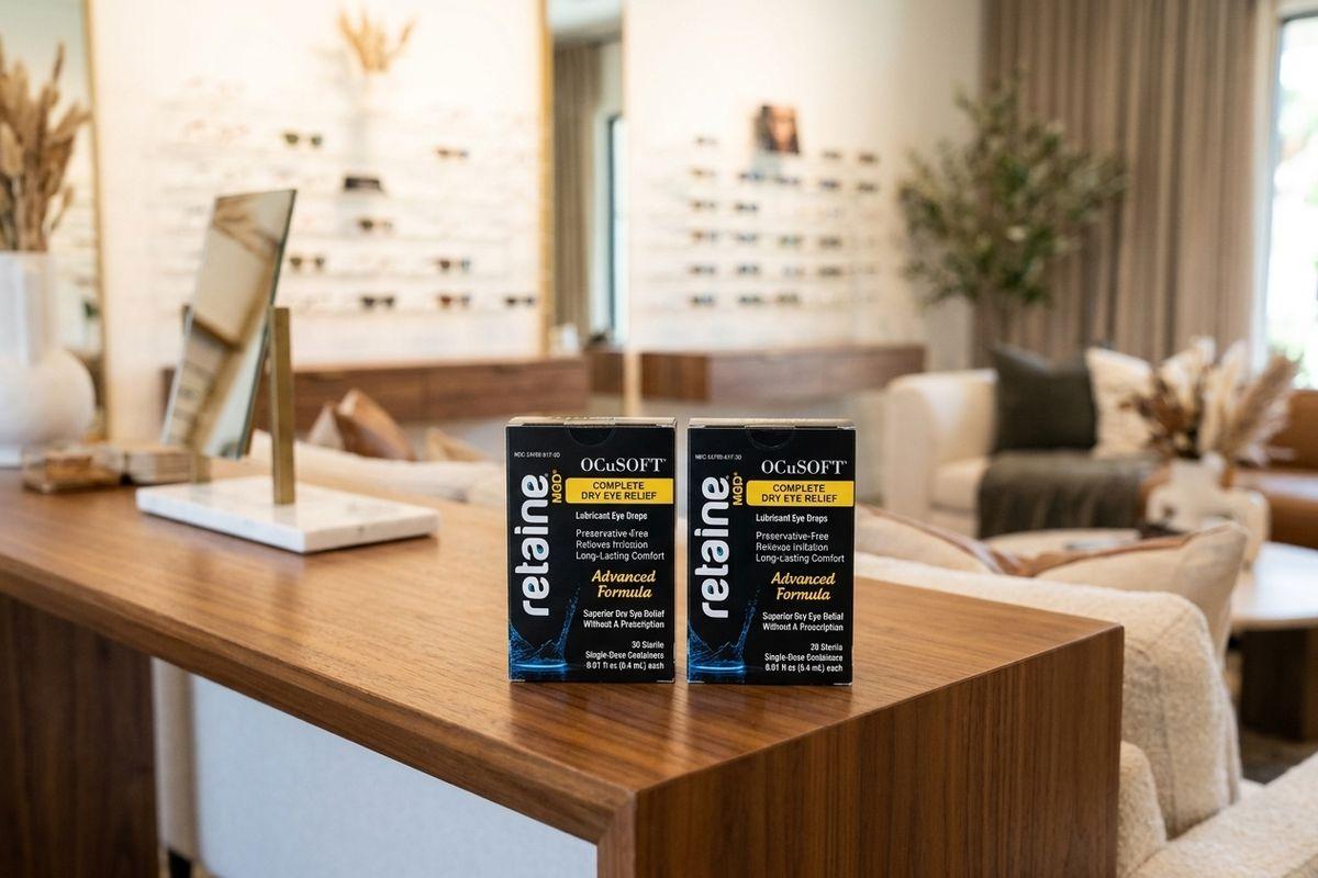 Two boxes of OCuSOFT Retaine MGD eye drops on a wooden counter inside an optical shop with eyeglass displays in the background.