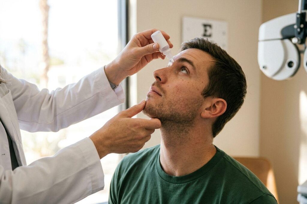 Optometrist applies eye drops into the eye of an adult looking upward in an exam room with a phoropter and eye chart.