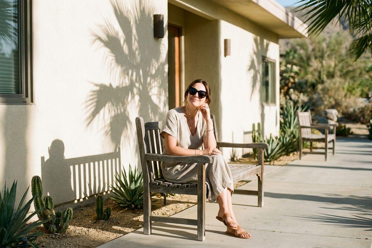 Person in sunglasses and linen dress sits smiling on a wooden bench outside a stucco building, with cacti and palm shadows on the wall.