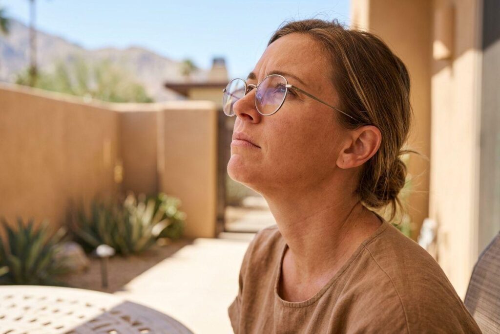 Adult with glasses and tied-back hair sits outdoors on a sunny patio, looking upward with a pensive expression; desert plants and hills behind.