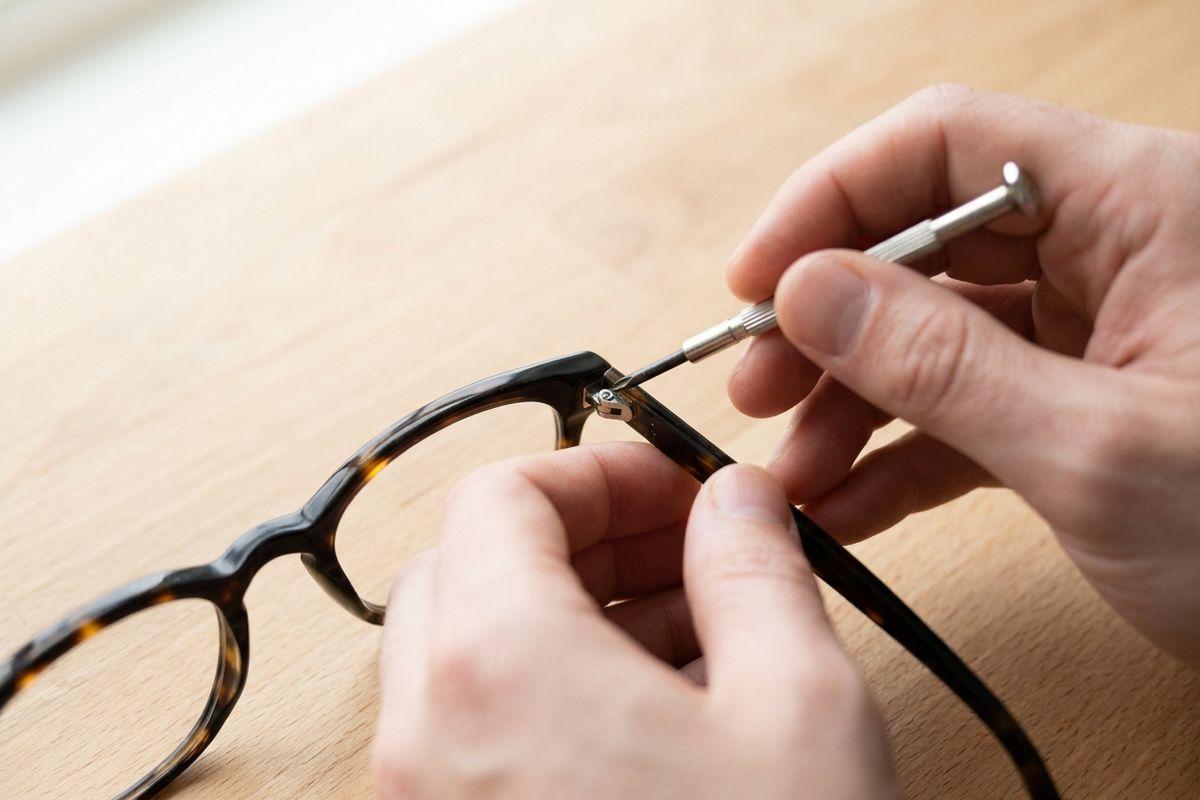 Close-up of hands using a small screwdriver to tighten the hinge screw of tortoiseshell eyeglass frames on a wooden table.